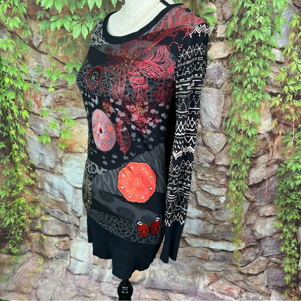 DESIGUAL Overprinted Long Sleeve Embellished Tunic, XS - Picture 2 of 9